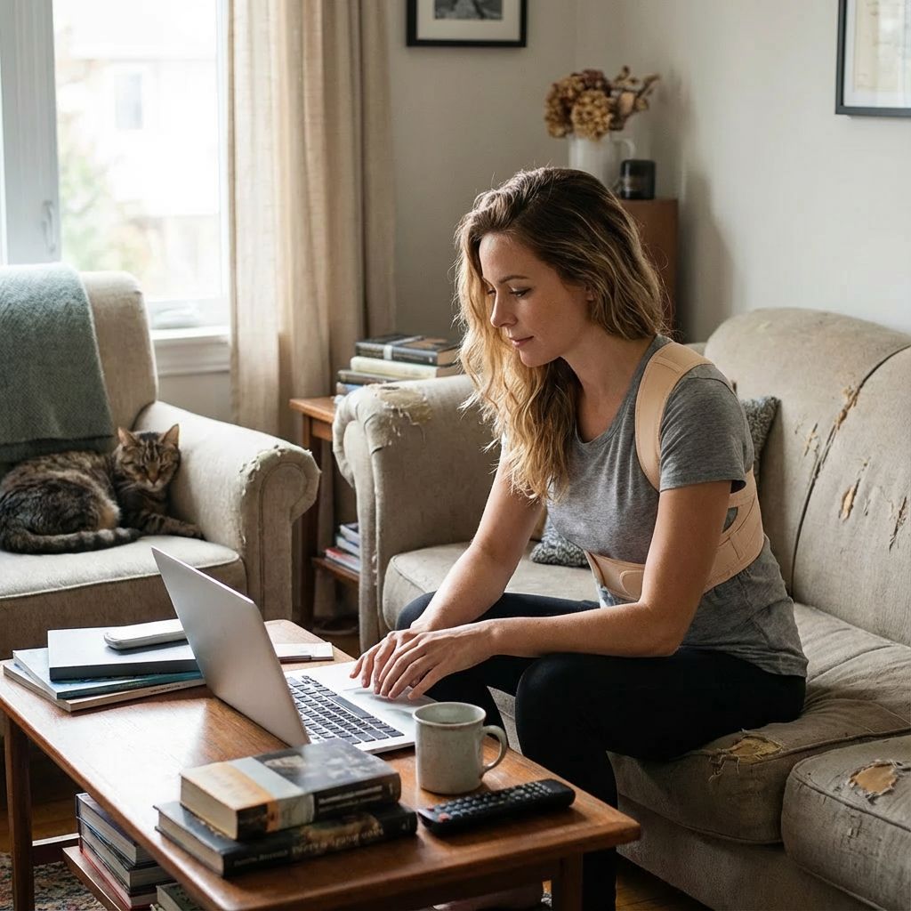 Donna con correttore posturale beige. Seduta sul divano, lavora al computer portatile. Tazza di caffè. Gatto.