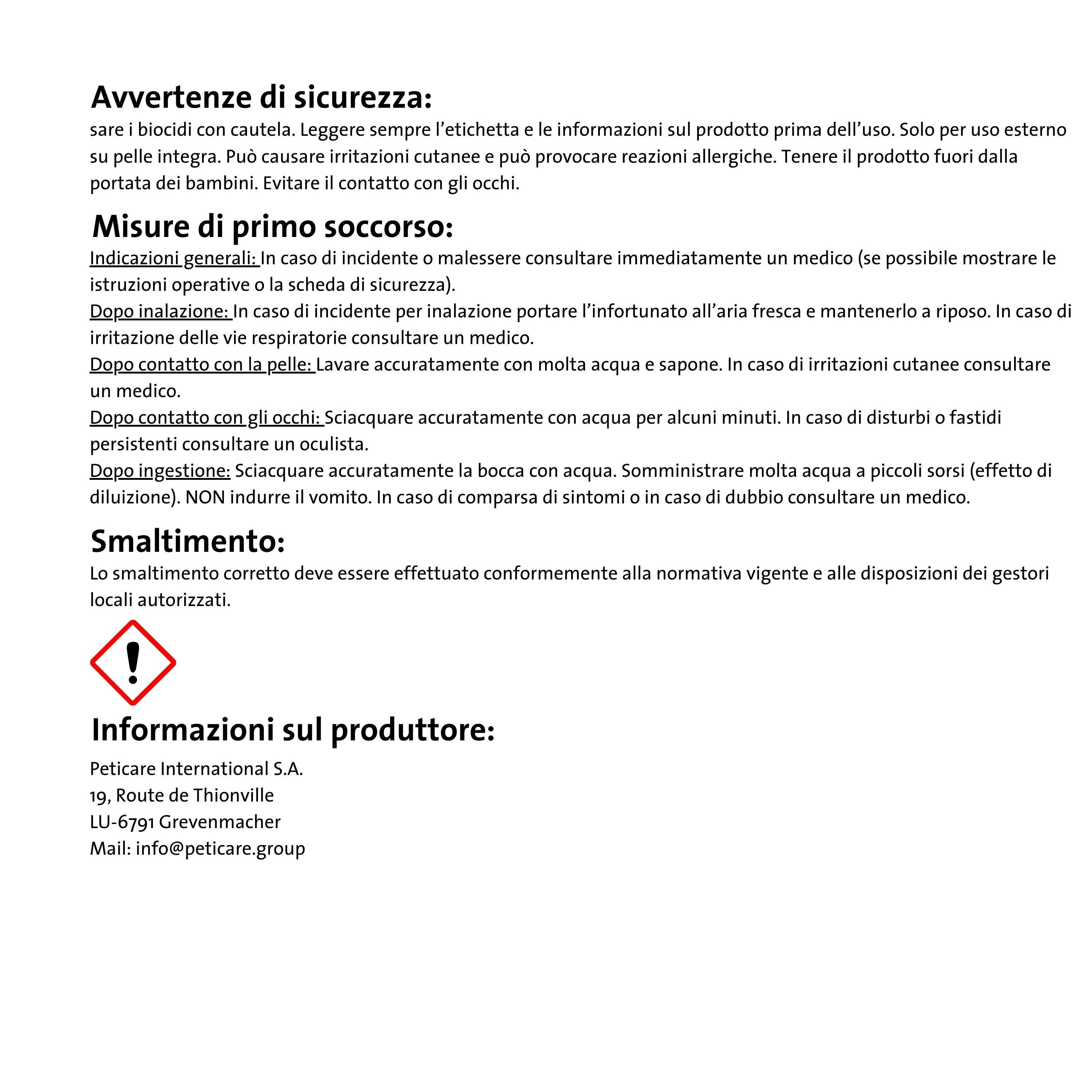 Avvertenze di sicurezza e di primo soccorso. Informazioni sullo smaltimento e informazioni del produttore.