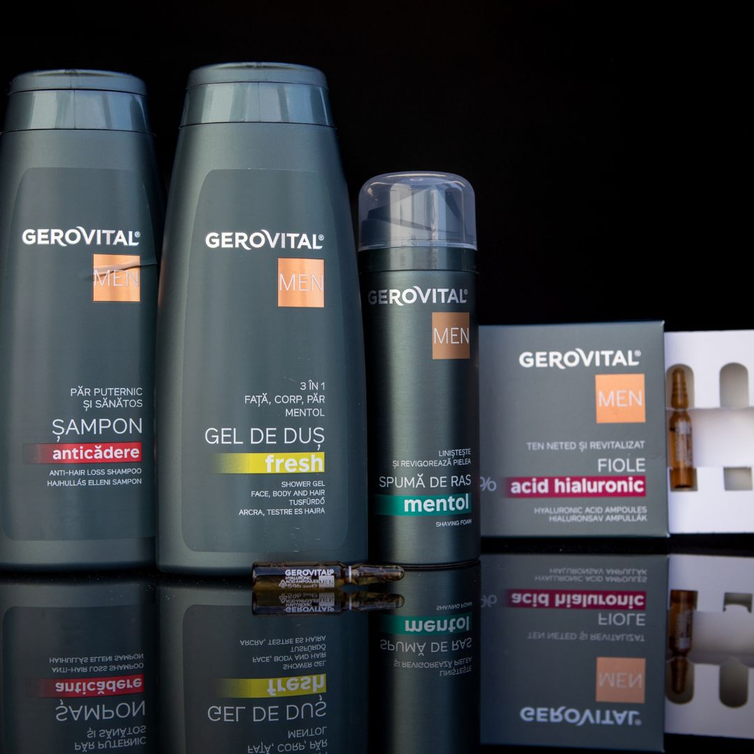 Diversi prodotti Gerovital Men, tra cui shampoo, gel doccia, crema da barba e fiale con la scritta Fiole Anticadere.