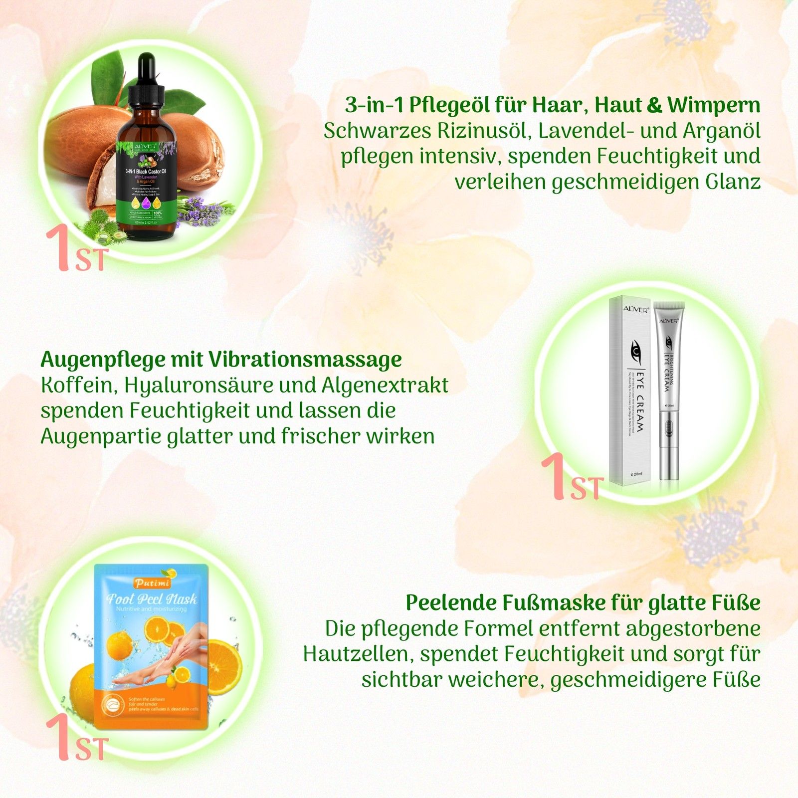 Collage: prodotti per la cura della pelle come patch per occhi, olio per capelli e kit per la cura dei denti.