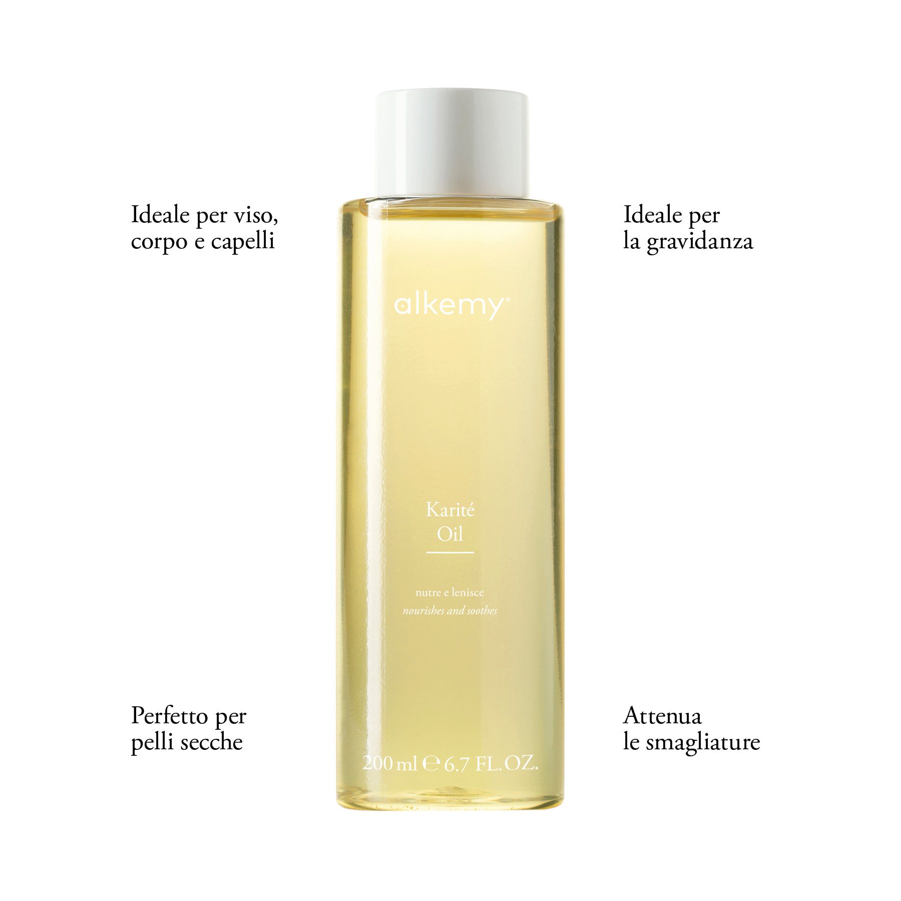 Flacone di olio Alkemy Karité con testo su uso e proprietà.