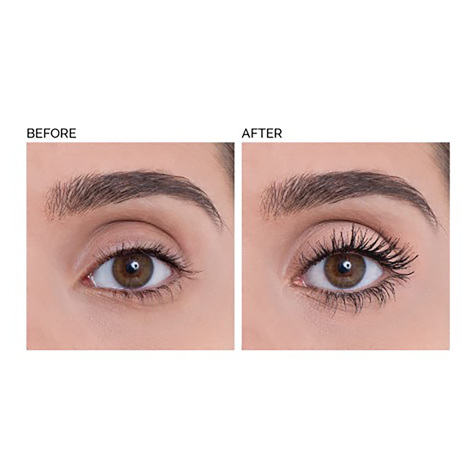 Confronto prima-dopo. Occhi con e senza mascara. Differenza notevole nella lunghezza e densità delle ciglia.