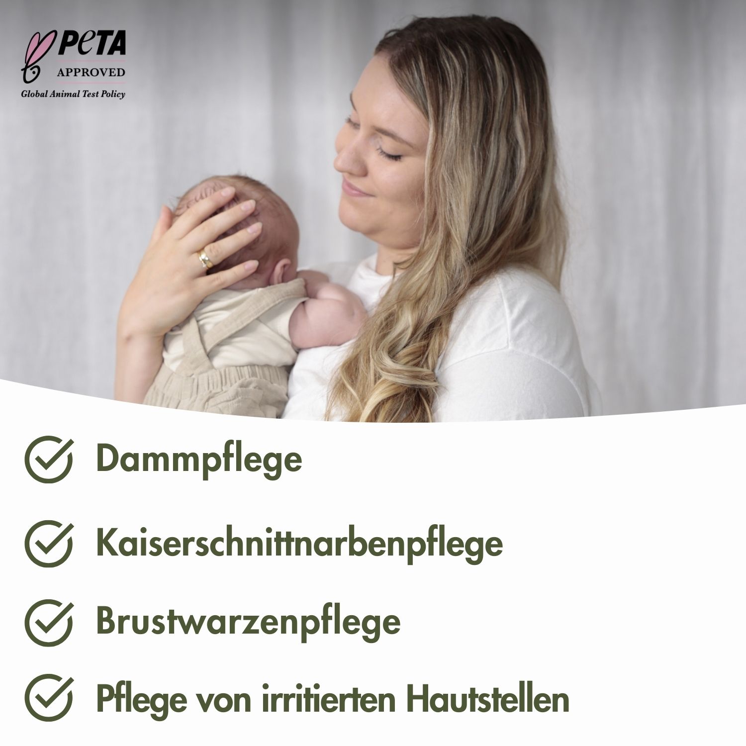 Donna con bambino in braccio. Testo: Cura perineale, cicatrici da taglio cesareo, capezzoli. Logo PETA.