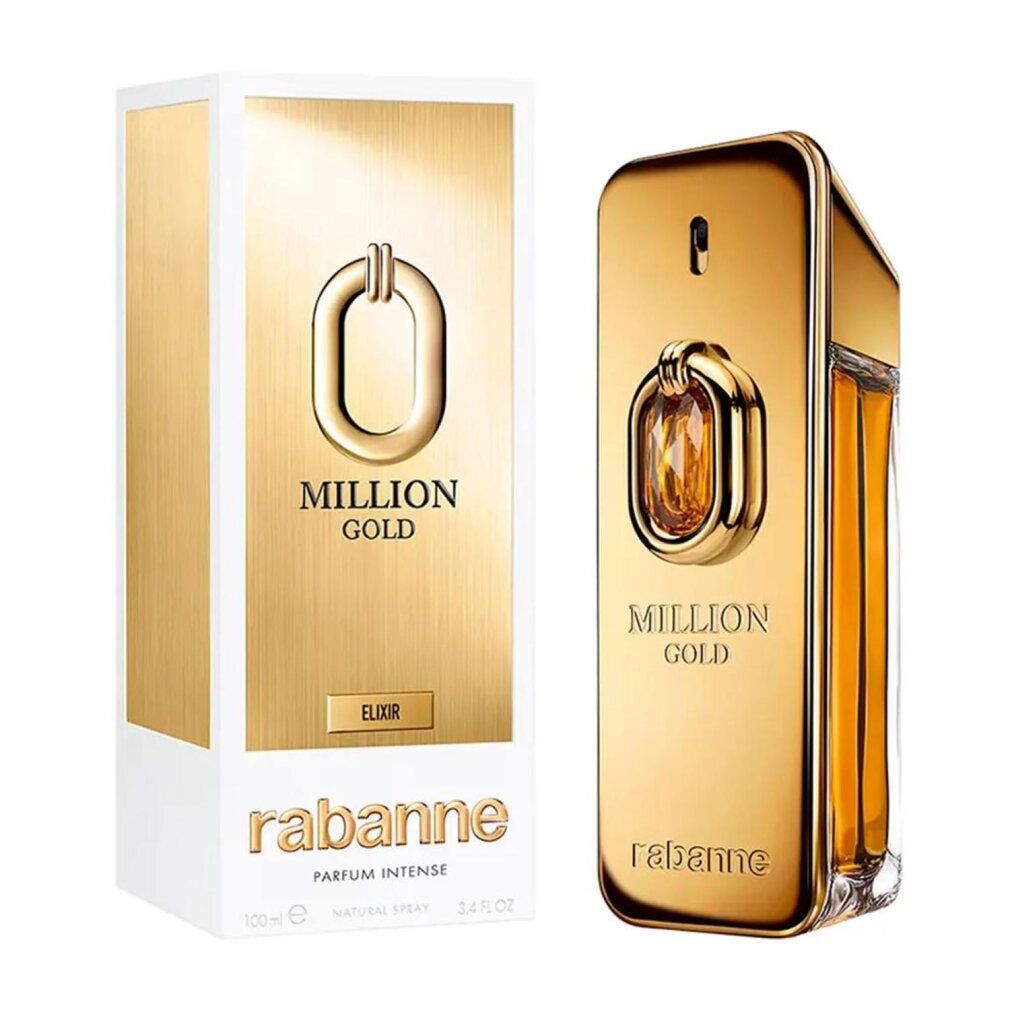 Flacone dorato accanto a confezione bianca. Scritta "MILLION GOLD" e "rabanne".