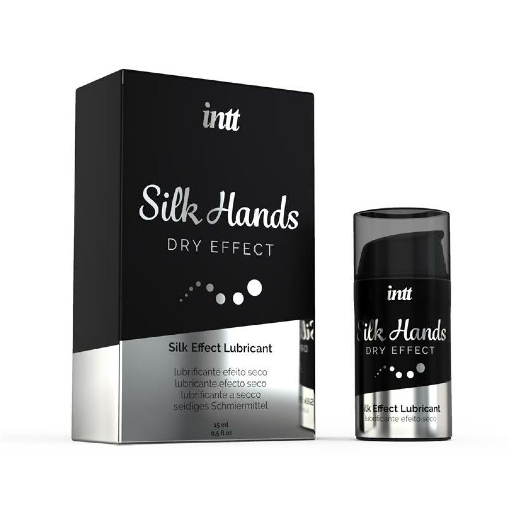 Confezione e flacone. Confezione: nera, argento. Scritte: intt, Silk Hands, DRY EFFECT, Silk Effect Lubricant.