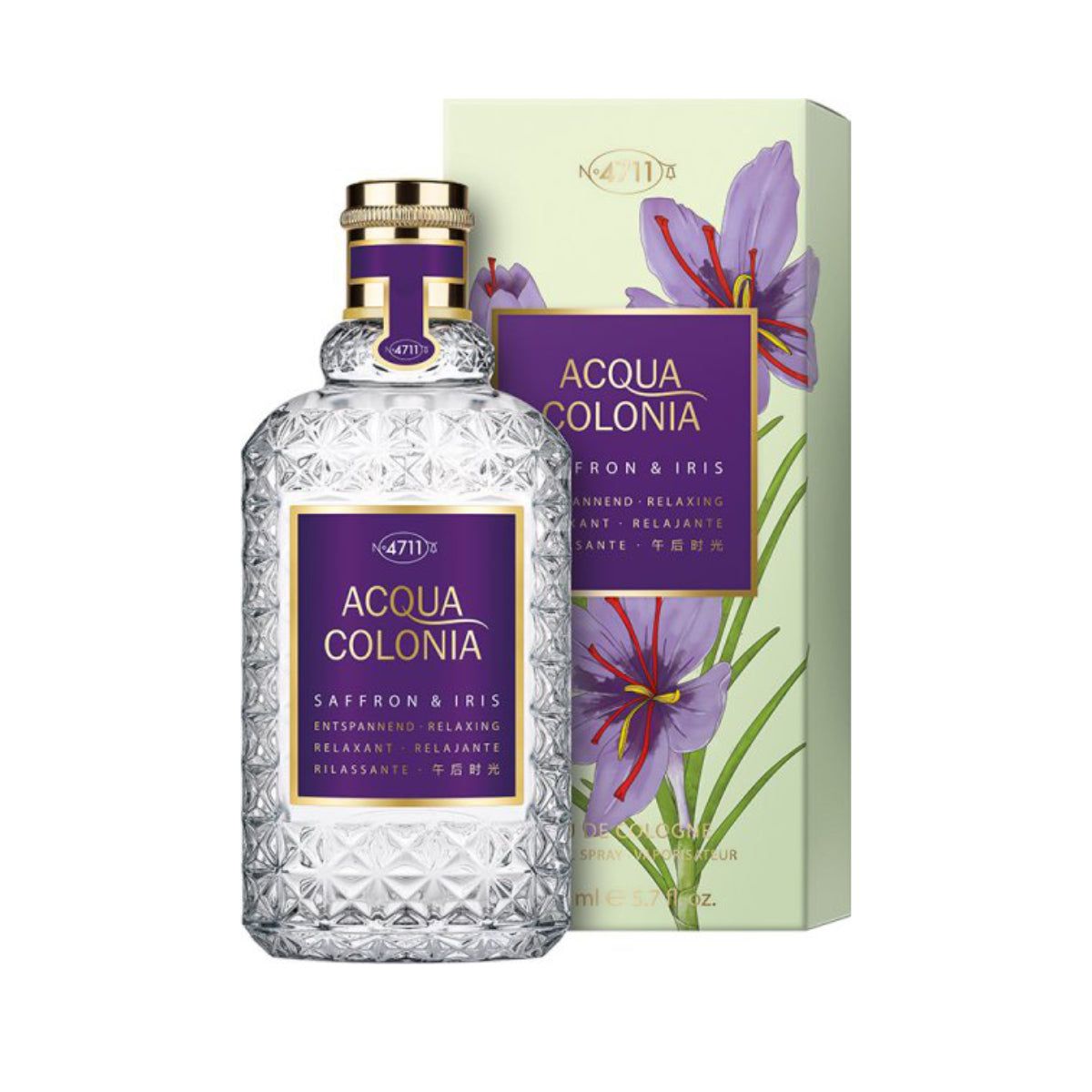 Flacone in vetro con tappo dorato ed etichetta viola, accanto alla confezione. Testo: Acqua Colonia Saffron & Iris, rilassante, relaxing.
