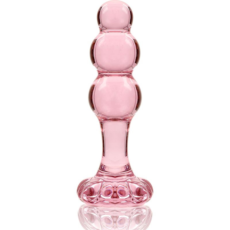 Plug anale in vetro rosa con segmenti sferici e base larga.