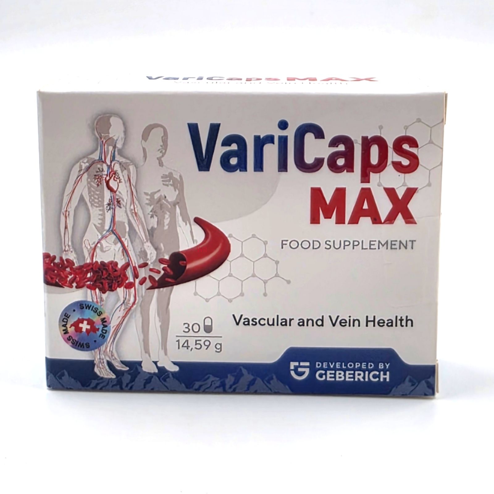 Confezione VariCaps MAX. Illustrazione del sistema vascolare umano. Scritto: Vascular and Vein Health. 30 capsule.