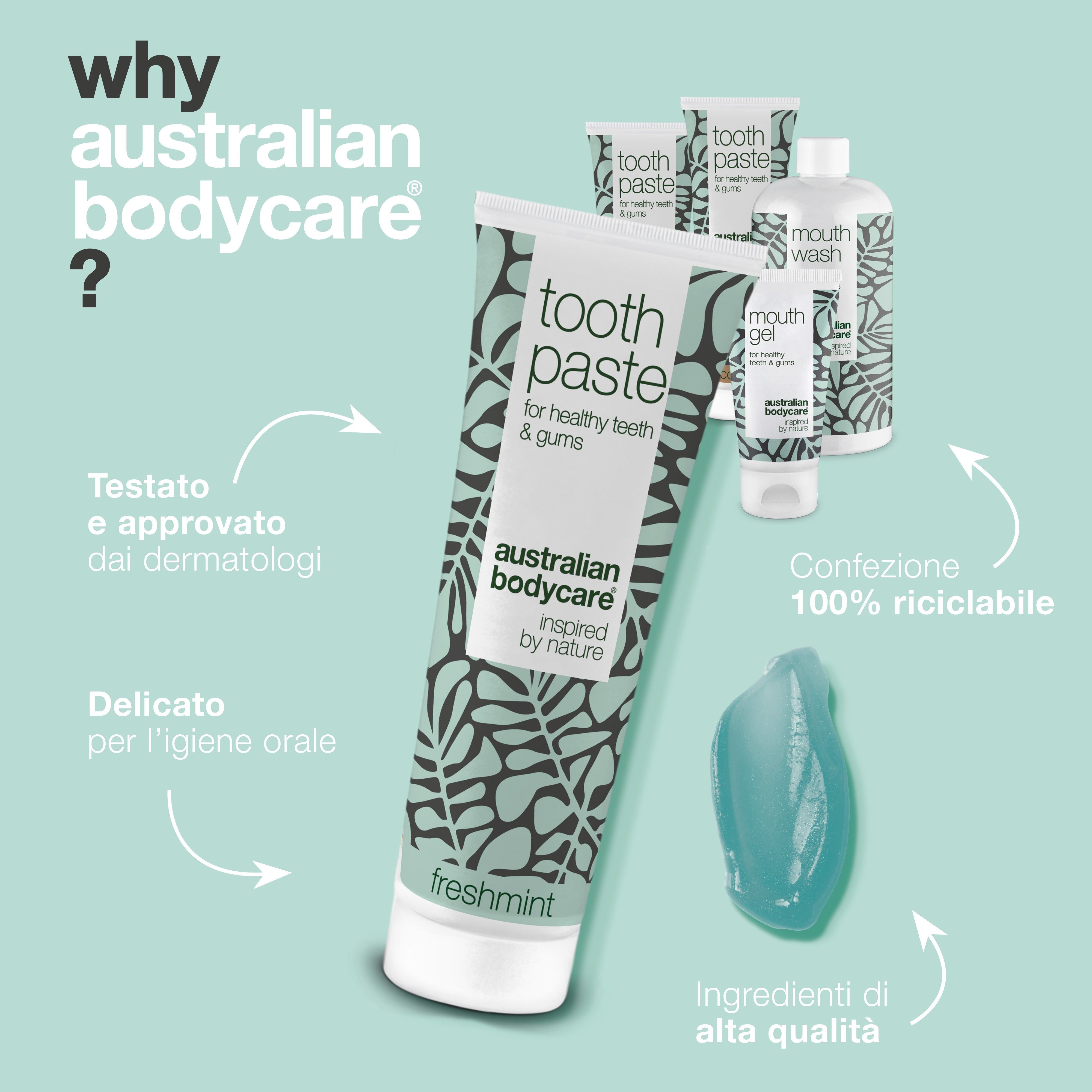 Dentifricio, collutorio e gel orale. Dermatologicamente testato. Imballaggio riciclabile al 100%. "Australian Bodycare".