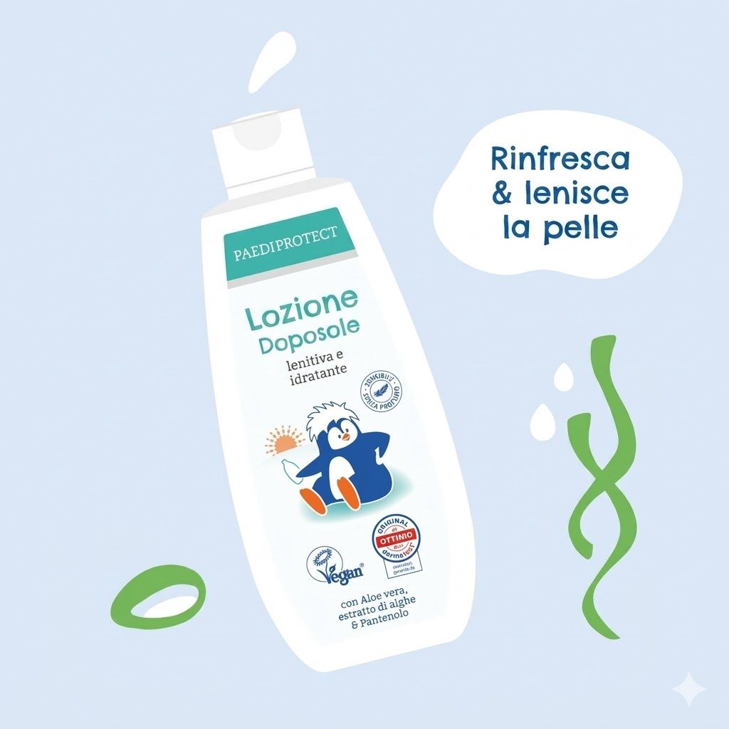 Flacone bianco PAEDIPROTECT Lozione Doposole. Rinfresca & lenisce la pelle. Vegano, con Aloe vera, estratto di alghe & pantenolo.