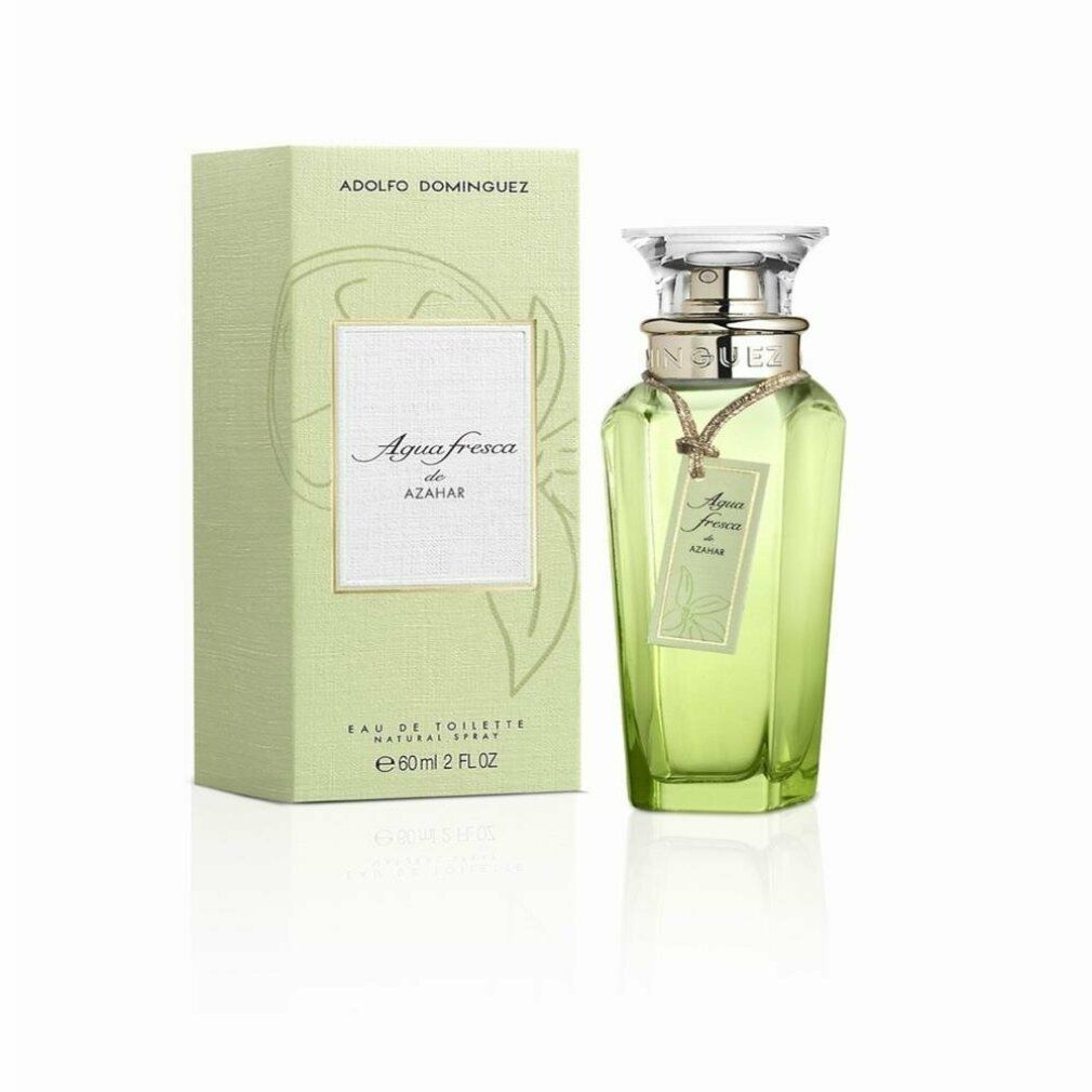Adolfo Dominguez Agua Fresca De Azahar Eau De Toilette Spray. Flacone e scatola. Vetro verde chiaro, tappo dorato, etichetta.