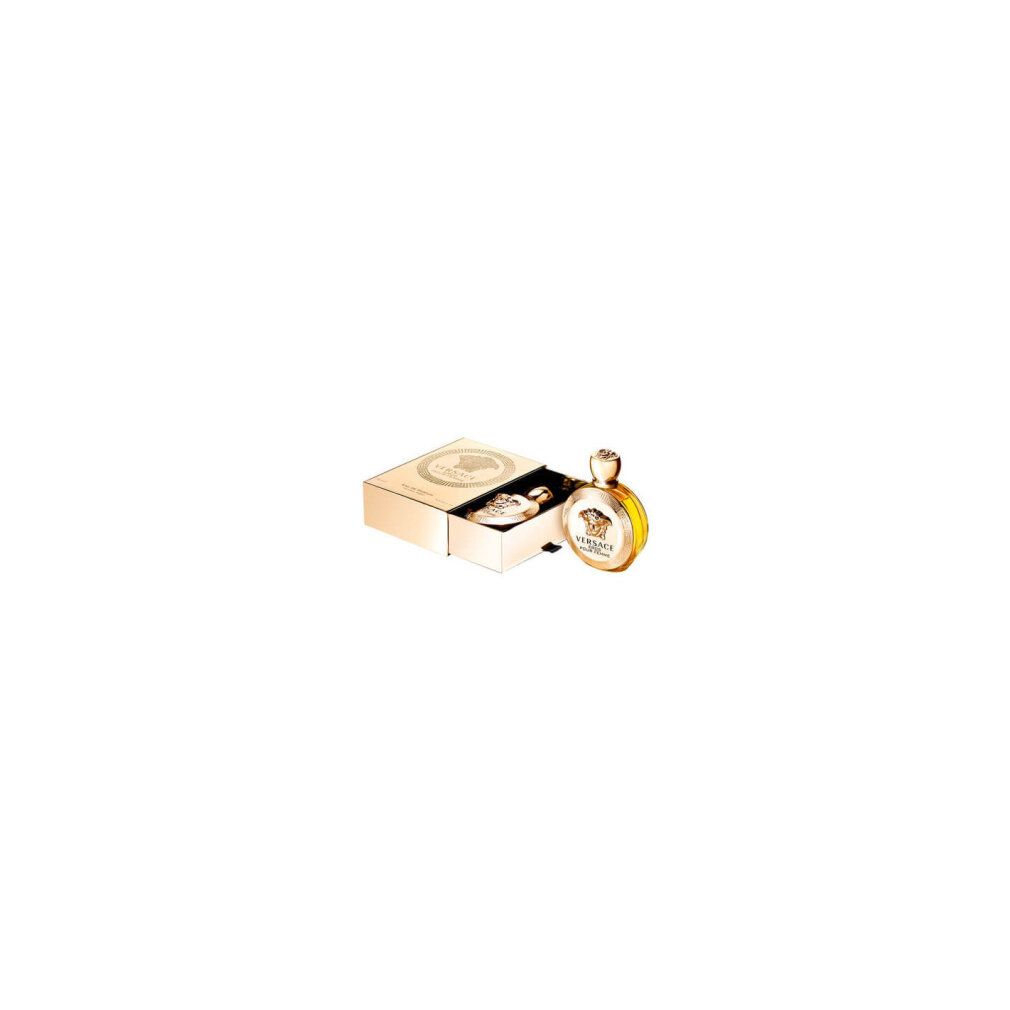 Flacone e confezione dorati. Scritta: VERSACE EROS POUR FEMME. Confezione aperta.