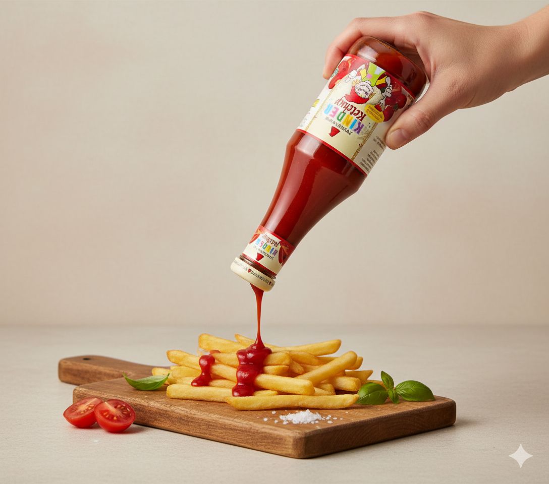 Mano versa ketchup Zwergenwiese per bambini da una bottiglia su patatine fritte.