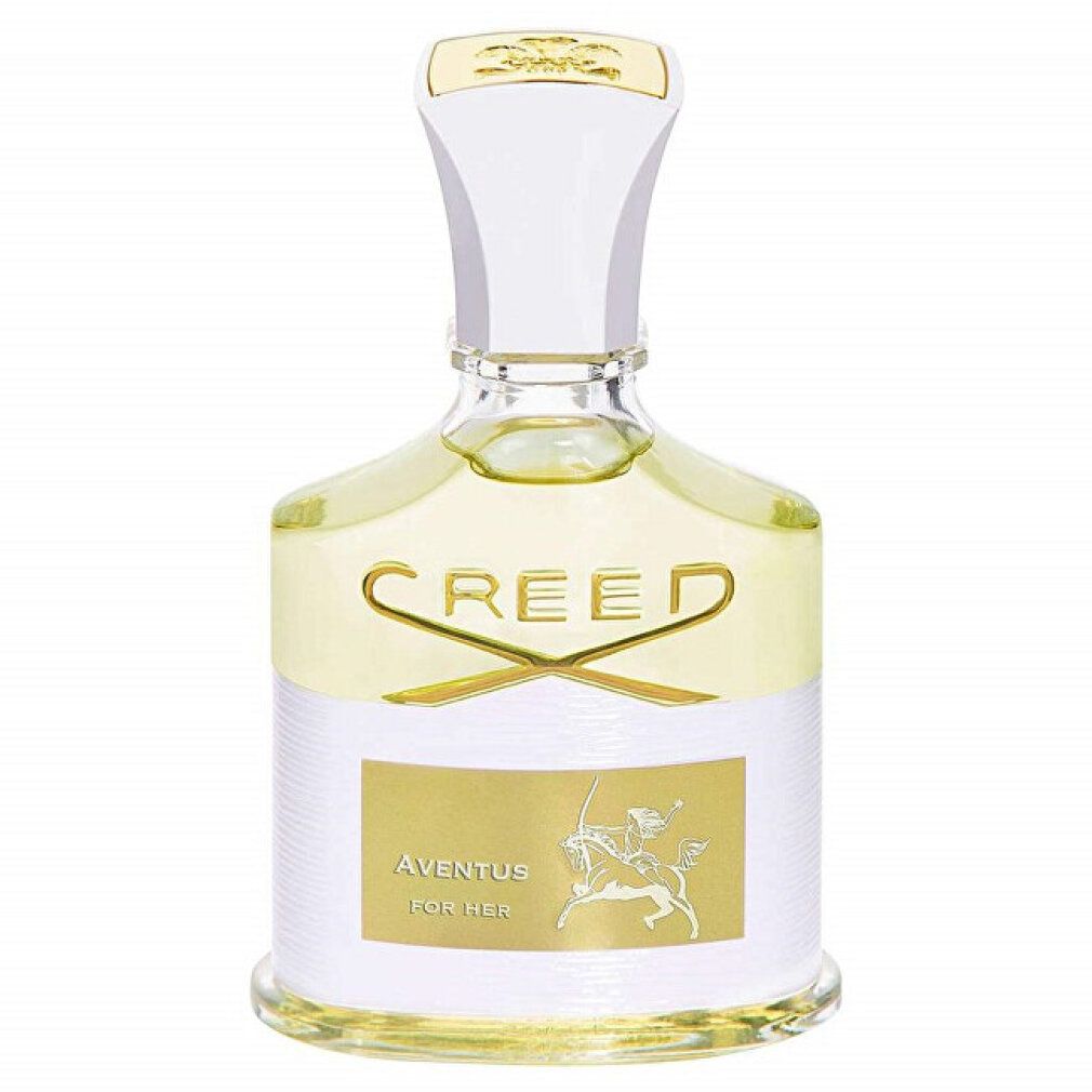 Flacone di profumo con tappo bianco. Scritta dorata: Creed, Aventus for Her. Liquido giallo visibile.