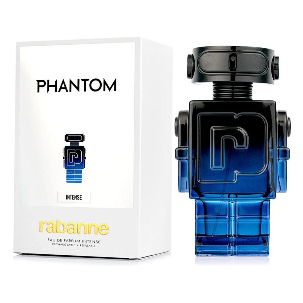 Flacone di profumo a forma di robot blu e nero accanto a una scatola bianca. La scatola riporta "Phantom", "rabanne" e "Intense".