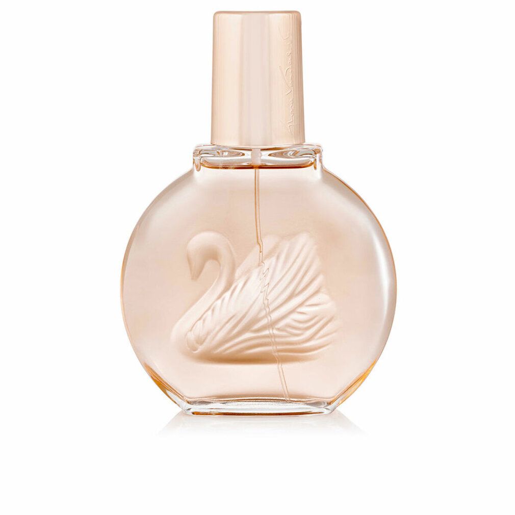 Flacone rotondo con liquido rosa e vaporizzatore. Un cigno è raffigurato sul flacone.