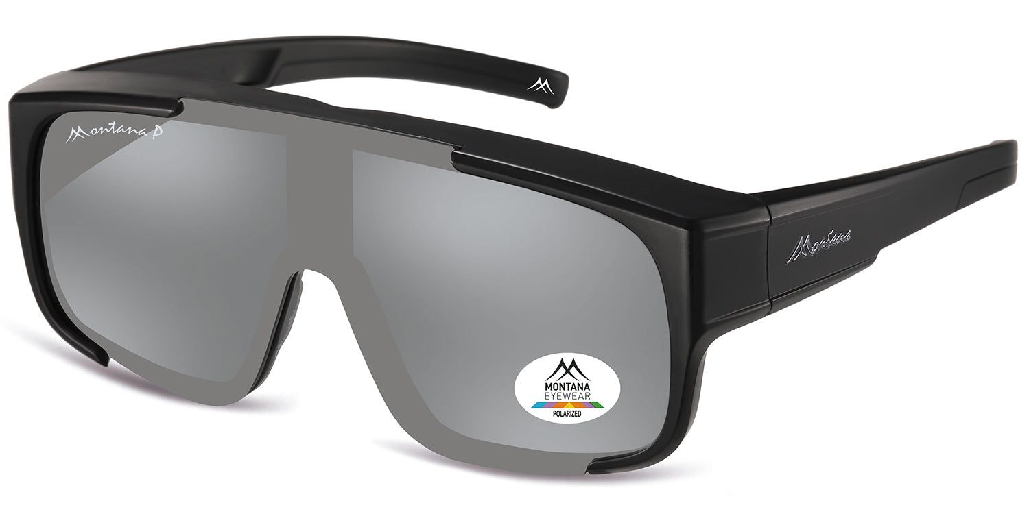 Occhiali da sole neri avvolgenti con lenti grigie. Logo Montana Eyewear sull'asta e sulla lente.