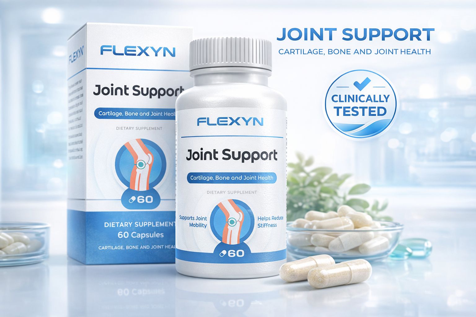 Flacone e scatola di integratore alimentare Flexyn Joint Support. Contiene 60 capsule. Sigillo "Testato clinicamente" visibile.