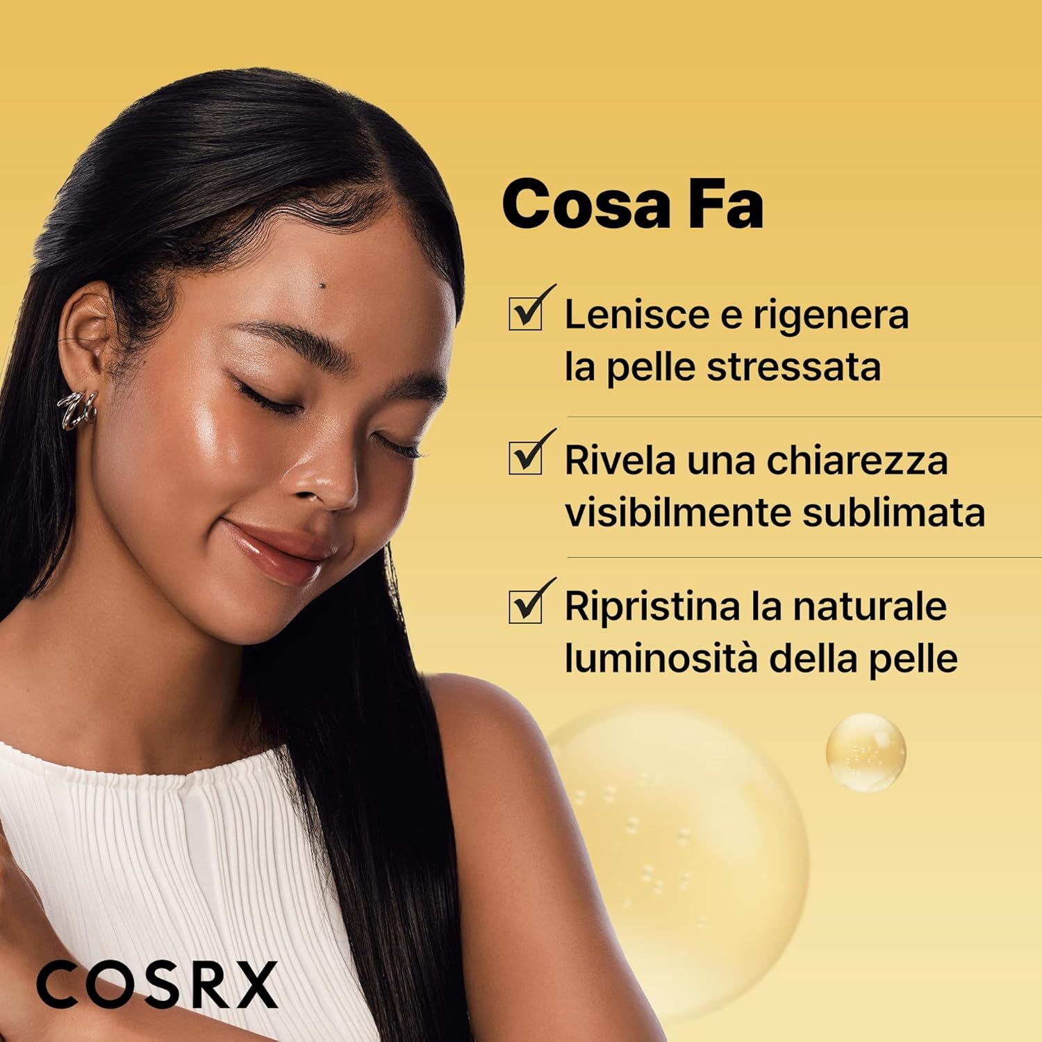 Donna con pelle luminosa. Testo: Liscia, chiara, luminosa. COSRX.
