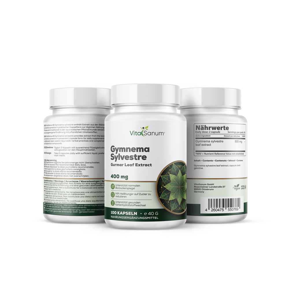 Tre flaconi bianchi con etichetta verde. Scritta: VitaSanum, Gymnema Sylvestre, 400 mg. 100 capsule.