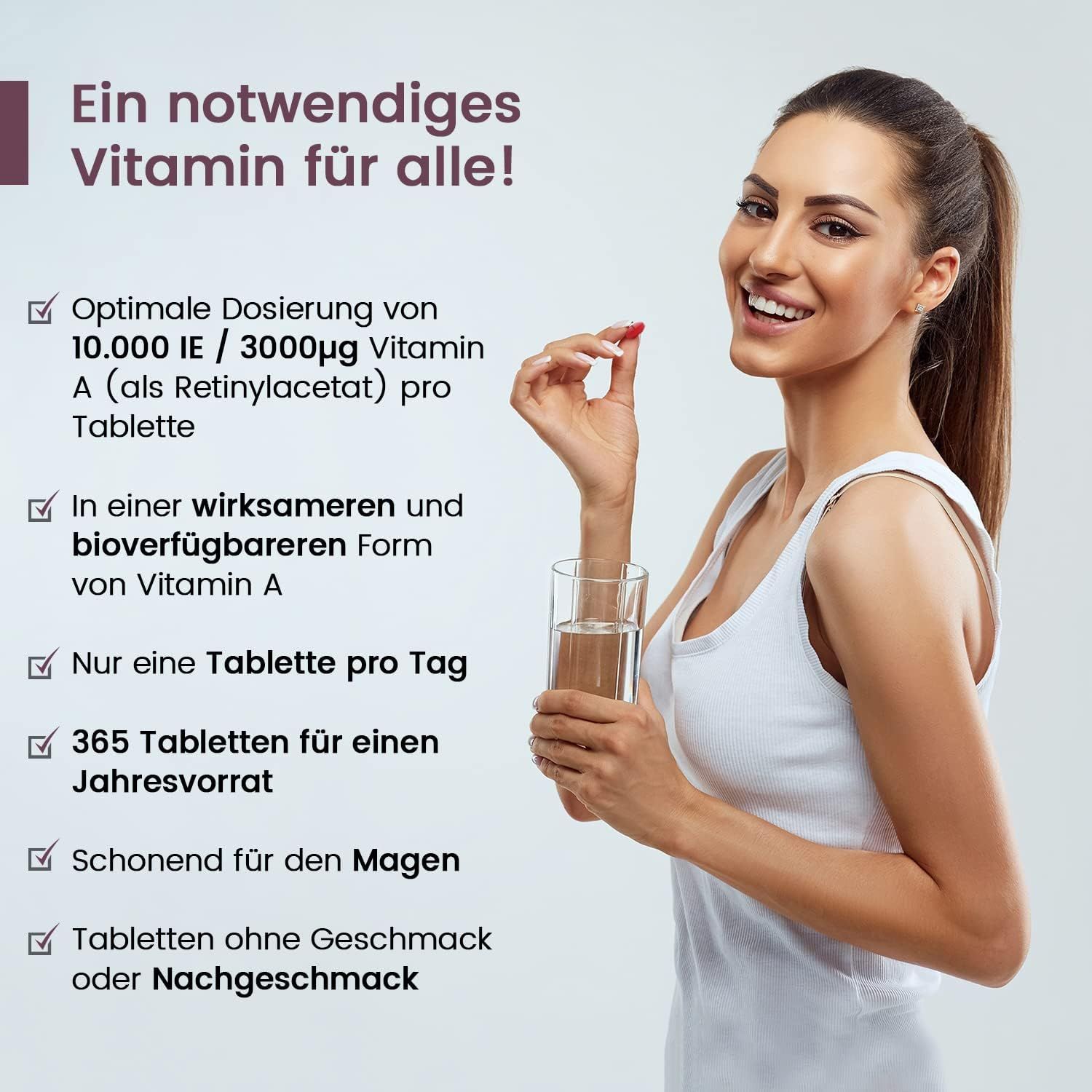 Donna che tiene una compressa e un bicchiere d'acqua. Testo: Dosaggio ottimale, 365 compresse, senza sapore.