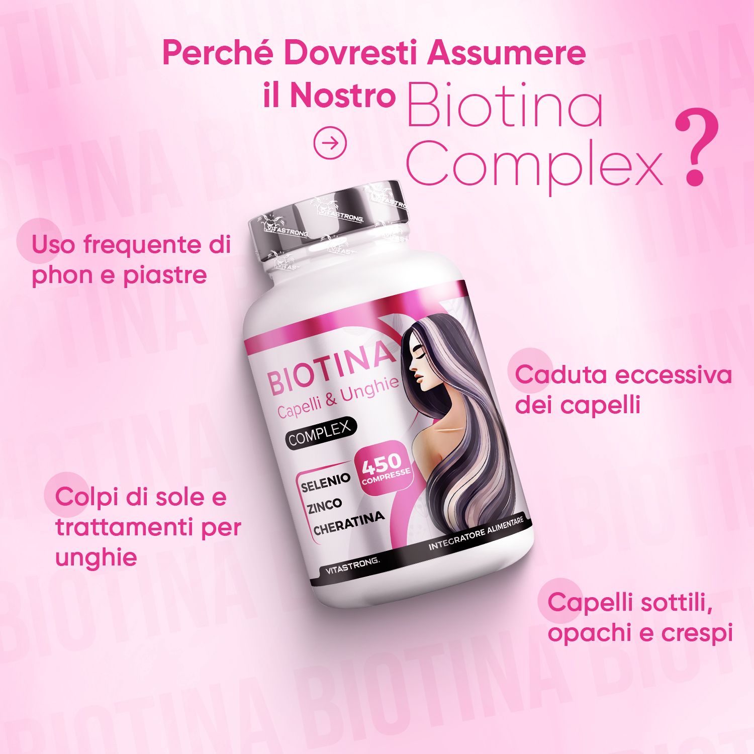 Flacone "Biotina Capelli & Unghie Complex" con 450 compresse. Testo: Selenio, Zinko, Cheratina. Immagine di donna con capelli lunghi.