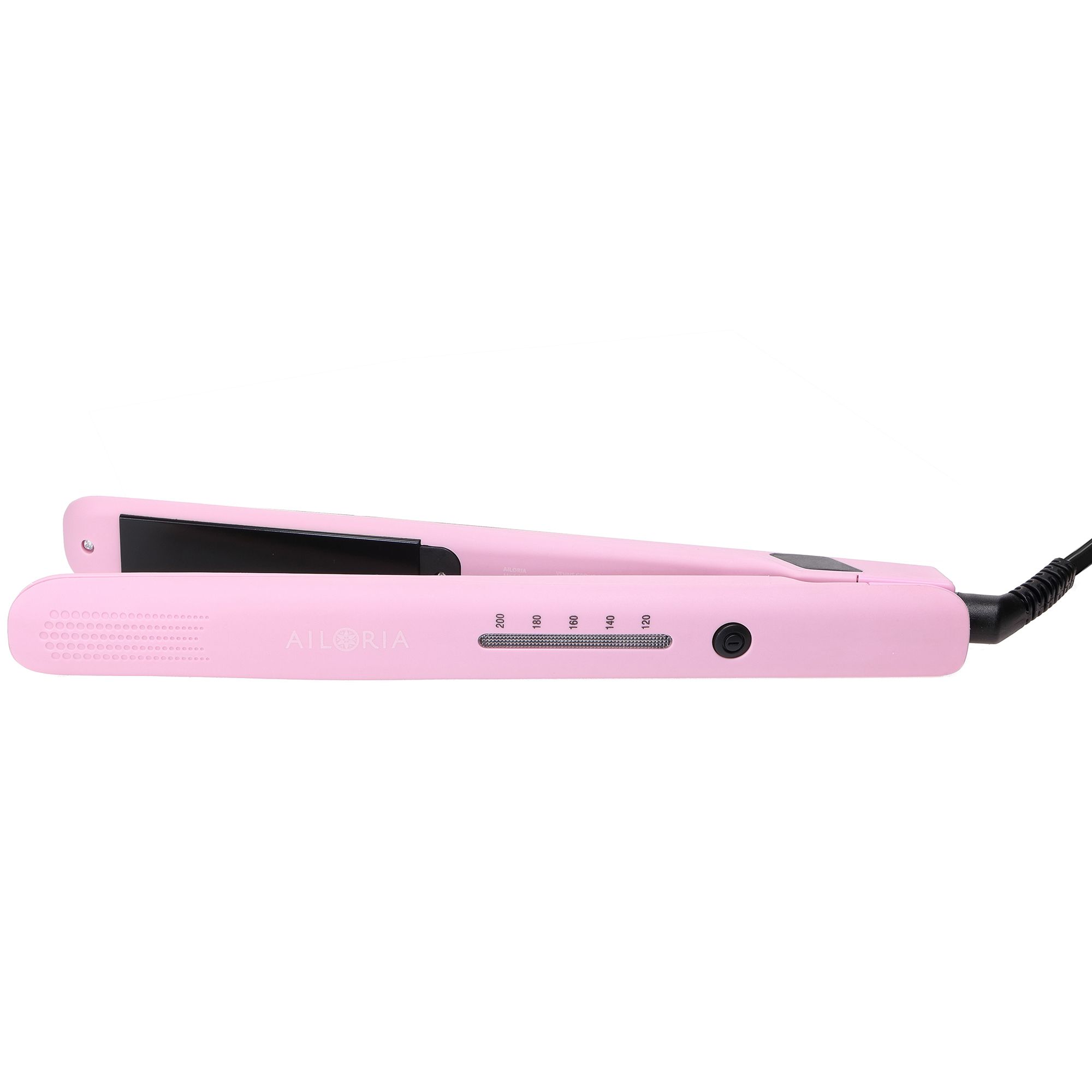 Piastra per capelli rosa con piastre riscaldanti nere. Scritta AILORIA ILLUMINE. Cavo.