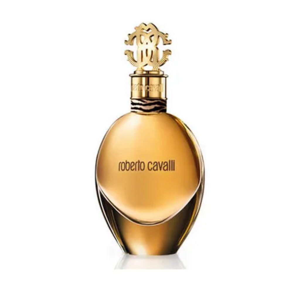 Flacone dorato con tappo dorato. Scritta "Roberto Cavalli".