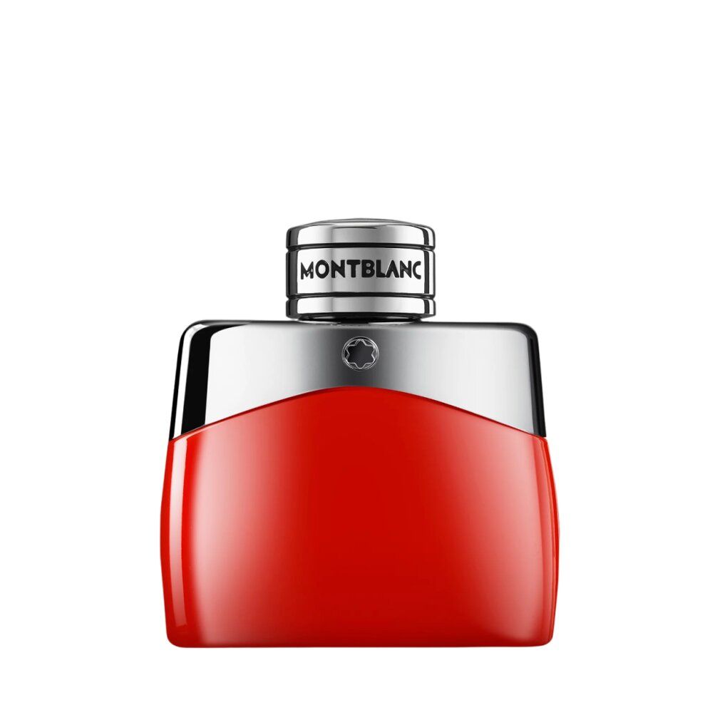 Flacone Montblanc Legend Eau de Parfum rosso con tappo argentato e logo Montblanc.