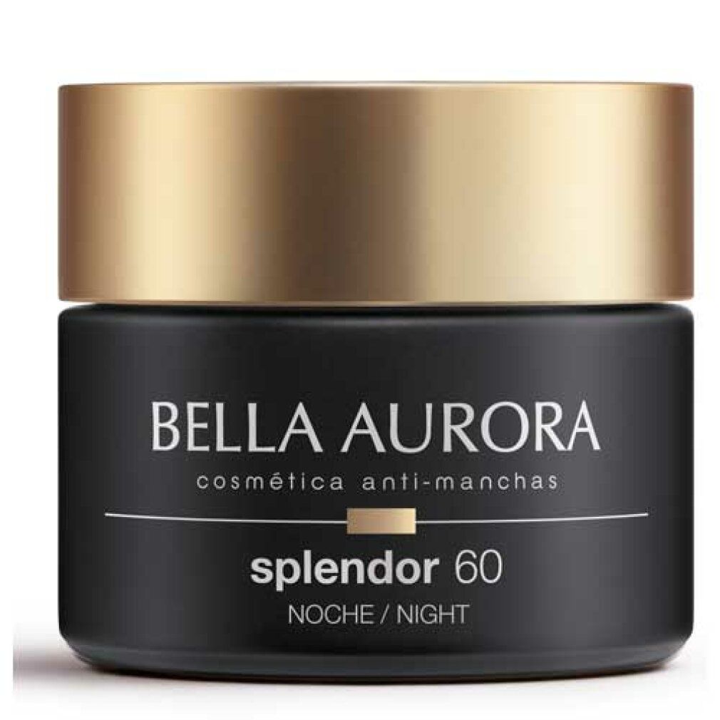 Vaso di crema scuro con coperchio dorato. Scritta: Bella Aurora, splendor 60, Noche/Night.