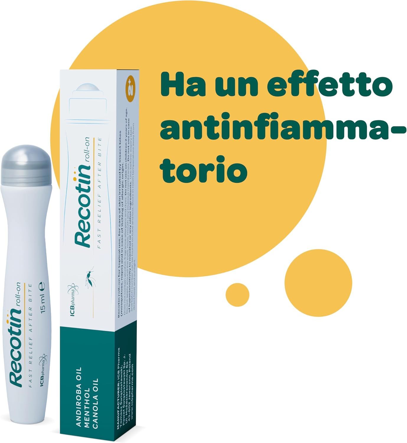 Flacone roll-on e confezione. Testo: Ha un effetto antinfiammatorio. Sfondo giallo.