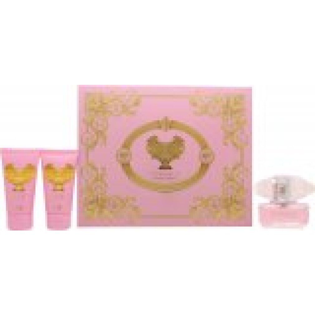 Set regalo rosa con due tubi, un flacone e un flacone rosa. Ornamenti dorati e logo.