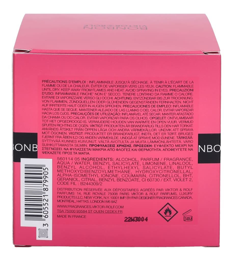 Retro della scatola rosa con testo in più lingue. Ingredienti, avvertenze, informazioni del produttore.