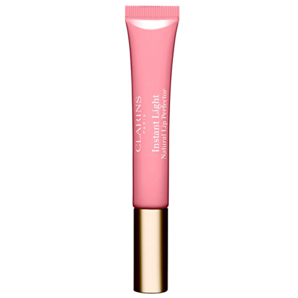Clarins Natural Lip Perfector #02 Apricot Shimmer. Tubetto rosa, tappo dorato. Testo: Clarins, Instant Light Natural Lip Perfector.