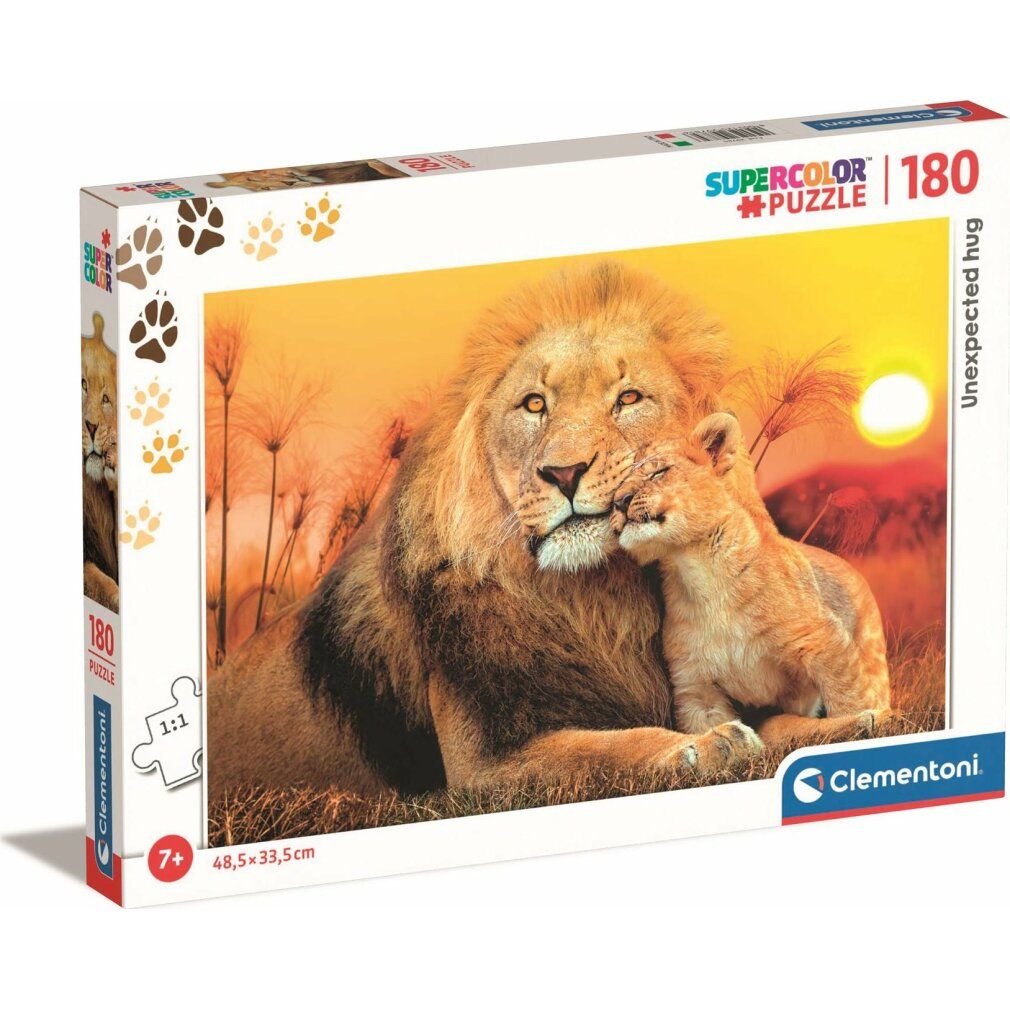 Puzzle Clementoni, 180 pezzi. Confezione con immagine di leoni. Titolo: Unerwartete Umarmung. Dimensioni: 48,5 x 33,5 cm.