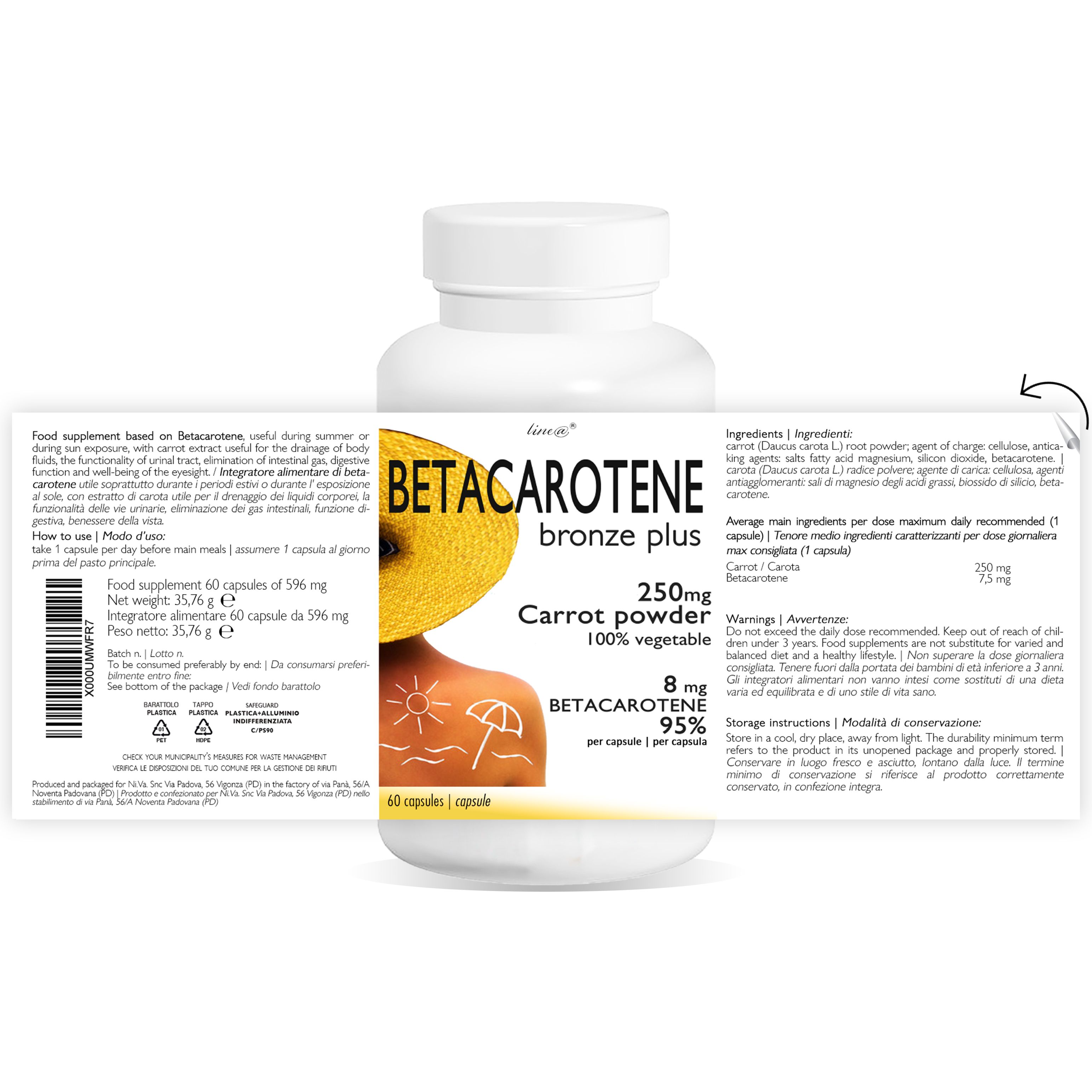 Flacone di capsule di Betacarotene, 250mg di polvere di carota, 100% vegetale.