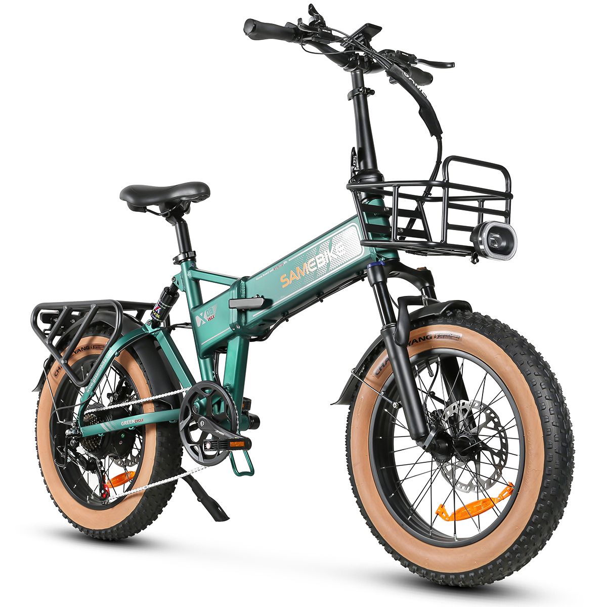 Bicicletta elettrica SAMEBIKE XWLX09-II verde con cestino, portapacchi e pneumatici larghi. Dettagli neri, pneumatici beige.