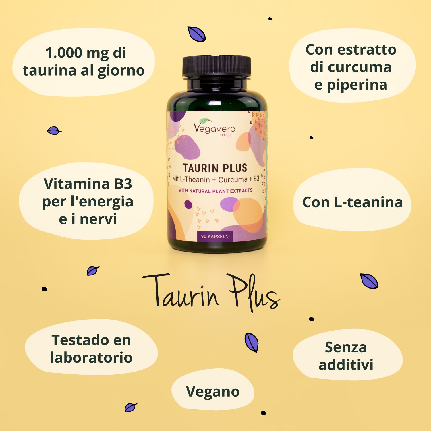 Bottiglia di Taurina Plus. Su sfondo giallo. Testo: 1.000 mg di taurina, vitamina B3, con curcuma, con L-teanina, senza additivi. Vegano.