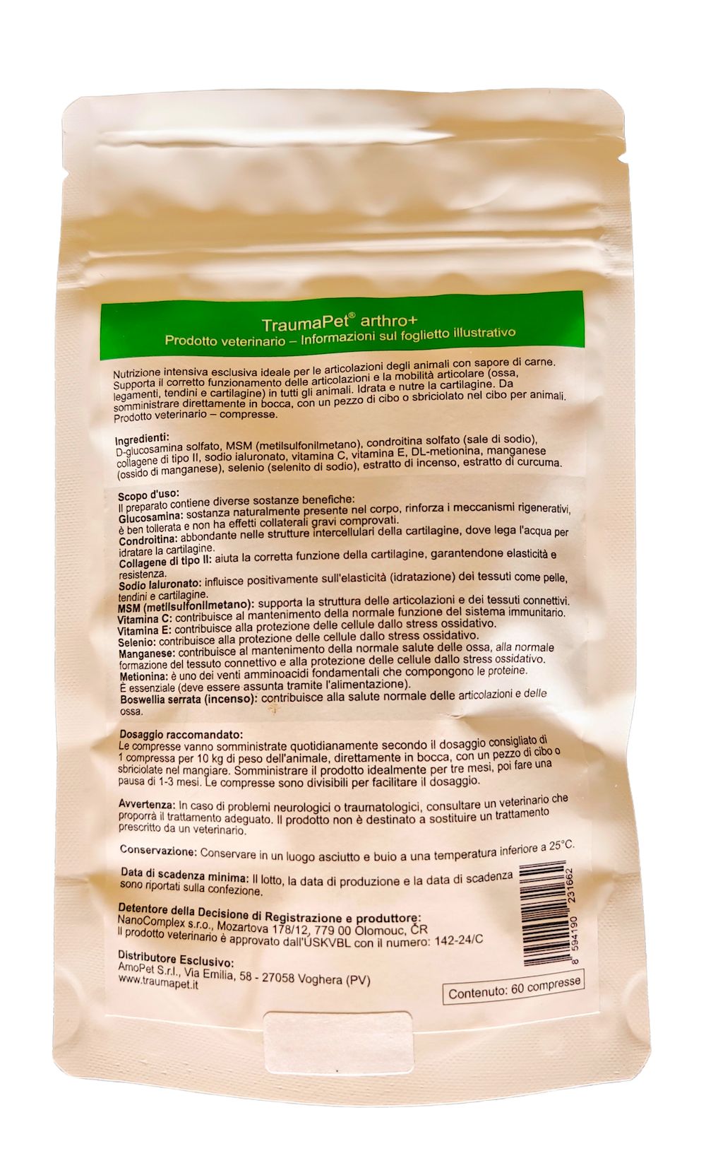 Retro della confezione del prodotto. Testo: TraumaPet arthro+, ingredienti, uso, dosaggio, avvertenze, informazioni produttore.