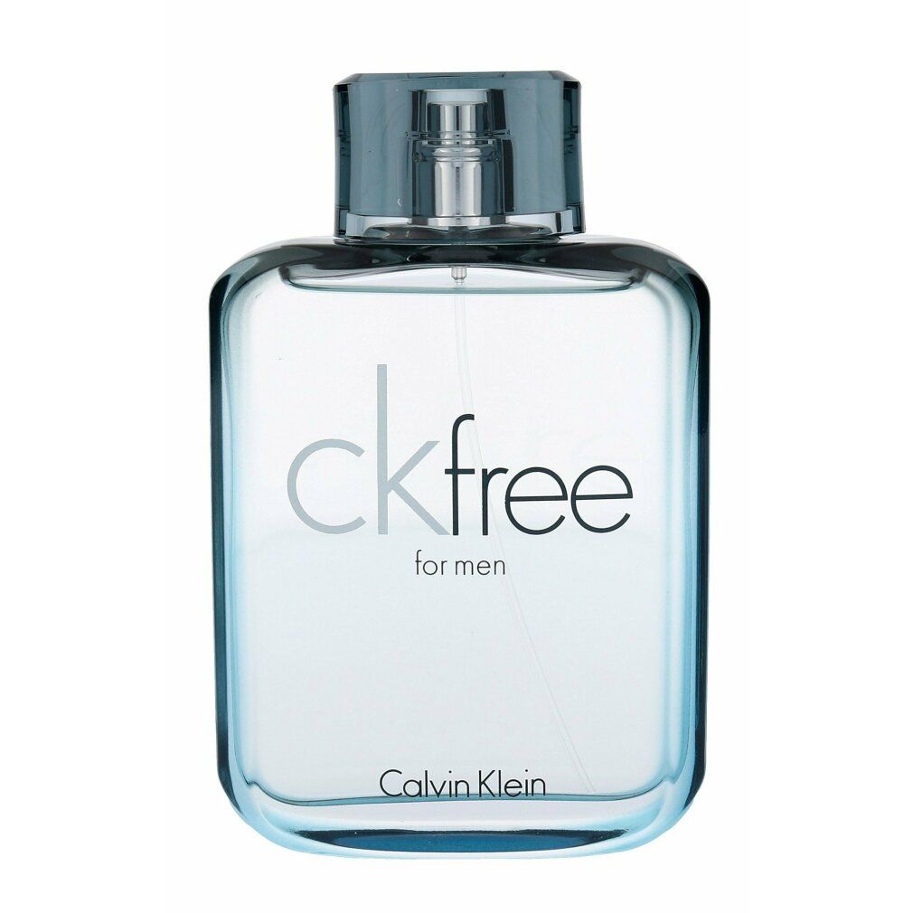 Flacone Calvin Klein ck free for men. Flacone quadrato, vetro azzurro, tappo trasparente. Logo e testo.