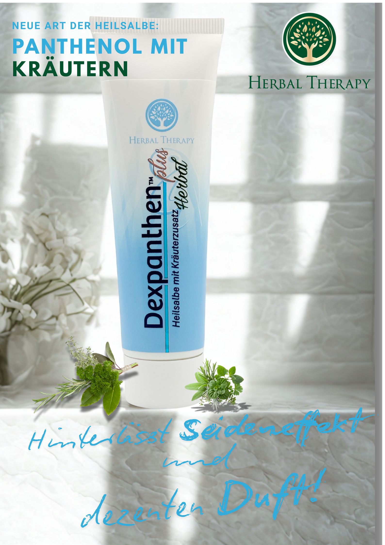 Poster pubblicitario con Herbal Therapy Dexpanthen plus Herbal. Tubo, erbe e testo: Nuovo tipo di pomata curativa, effetto seta e profumo delicato!