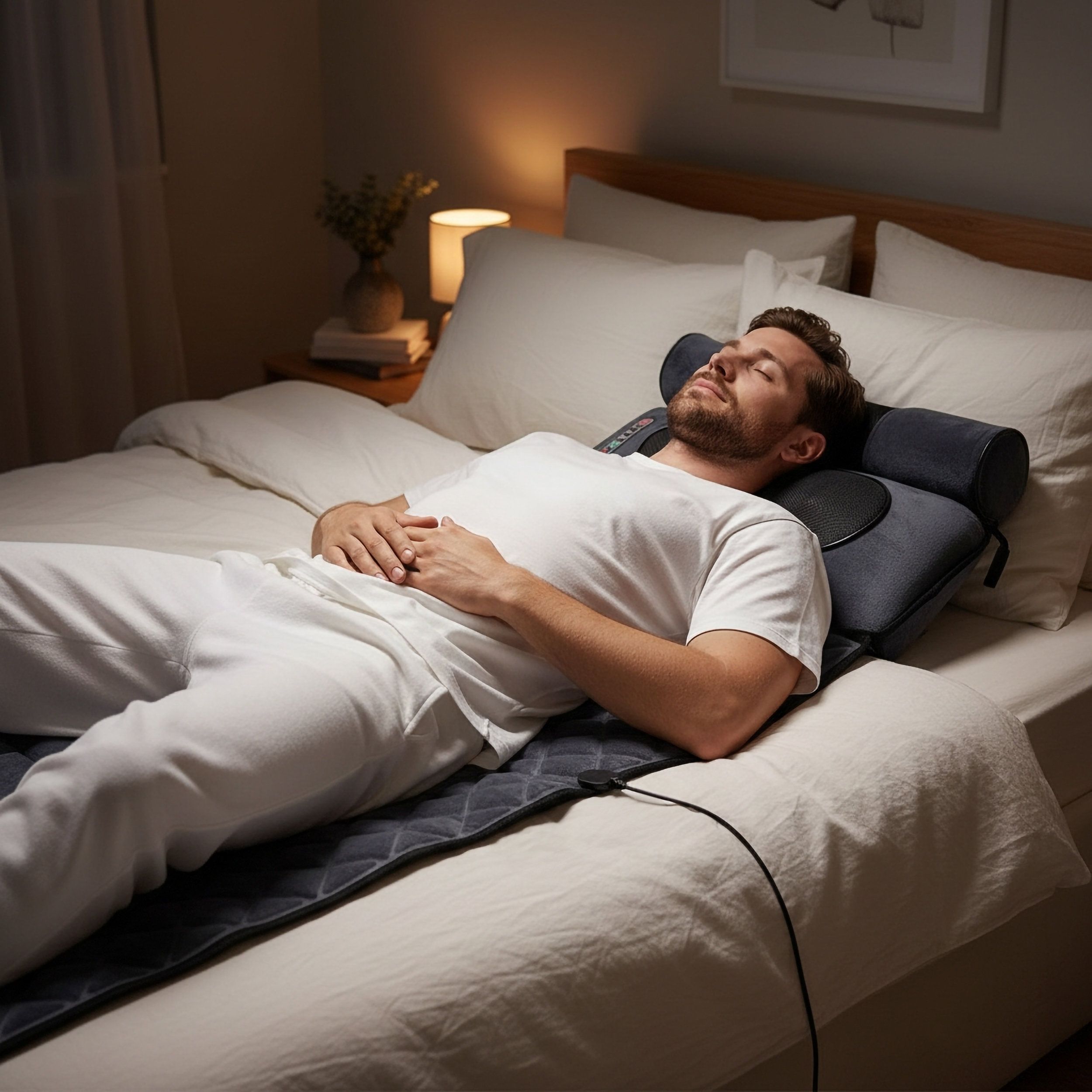 Uomo sdraiato su un tappetino massaggiante grigio, poggiatesta. Telecomando. Posizionato su un letto.