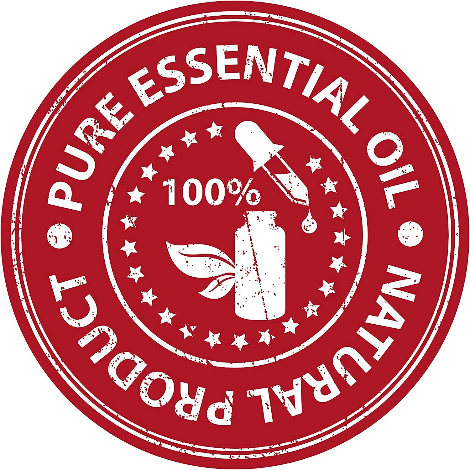 Timbro rotondo con testo: 'Pure Essential Oil, Natural Product' e logo.