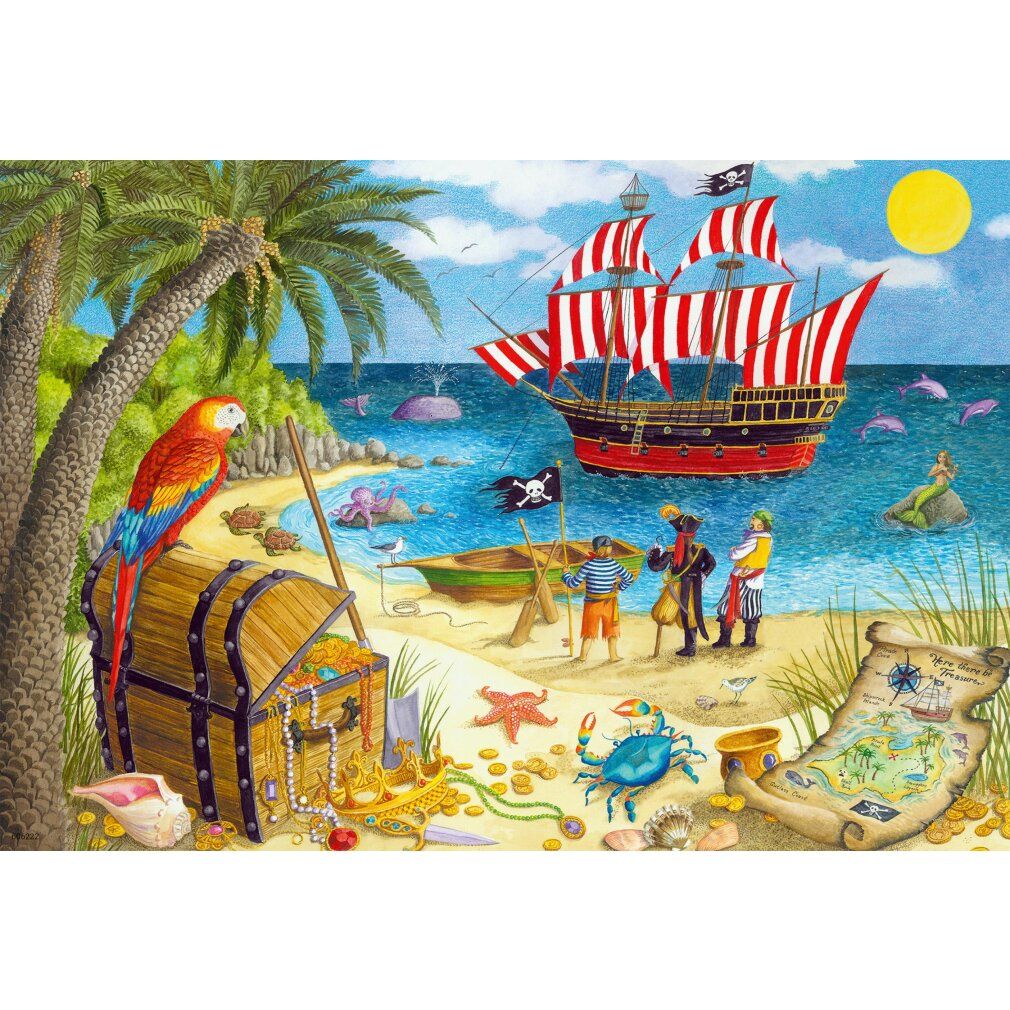 Pezzo di puzzle con motivo pirati e sirene. Nave pirata, forziere del tesoro, pappagallo, spiaggia, sirena e pirati.