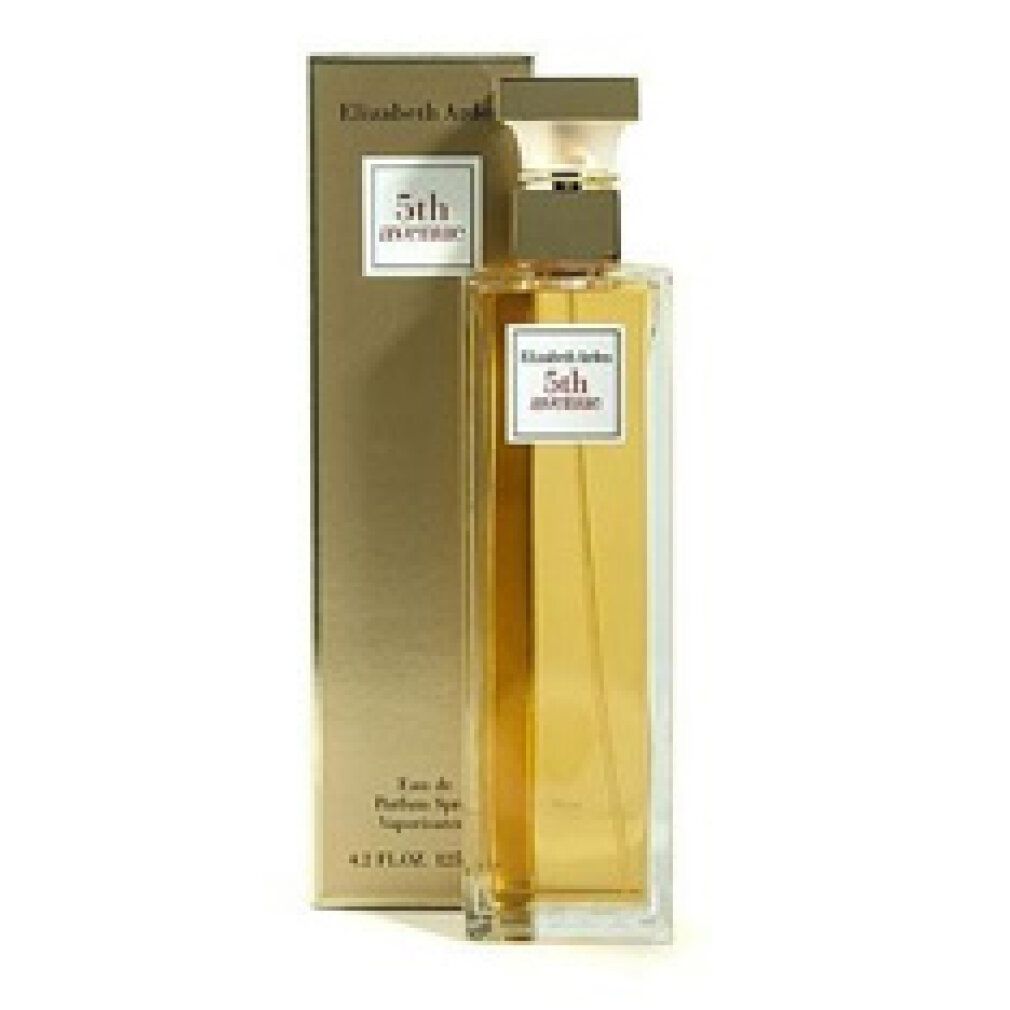 Flacone di profumo e confezione. Flacone rettangolare con tappo dorato. Sulla confezione è scritto "Elizabeth Arden 5th Avenue".
