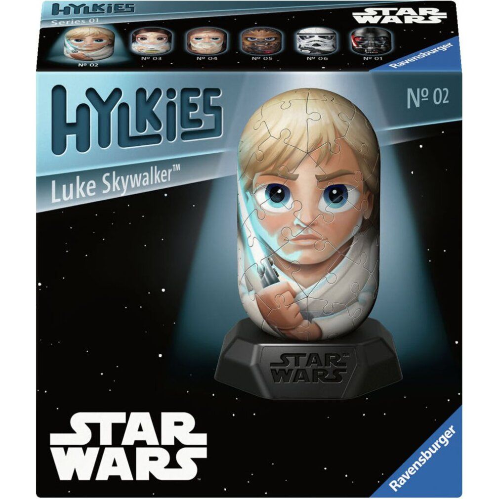 Confezione del puzzle 3D Luke Skywalker Hylkies. Puzzle a forma di uovo con personaggio su base. Logo Star Wars. Ravensburger.