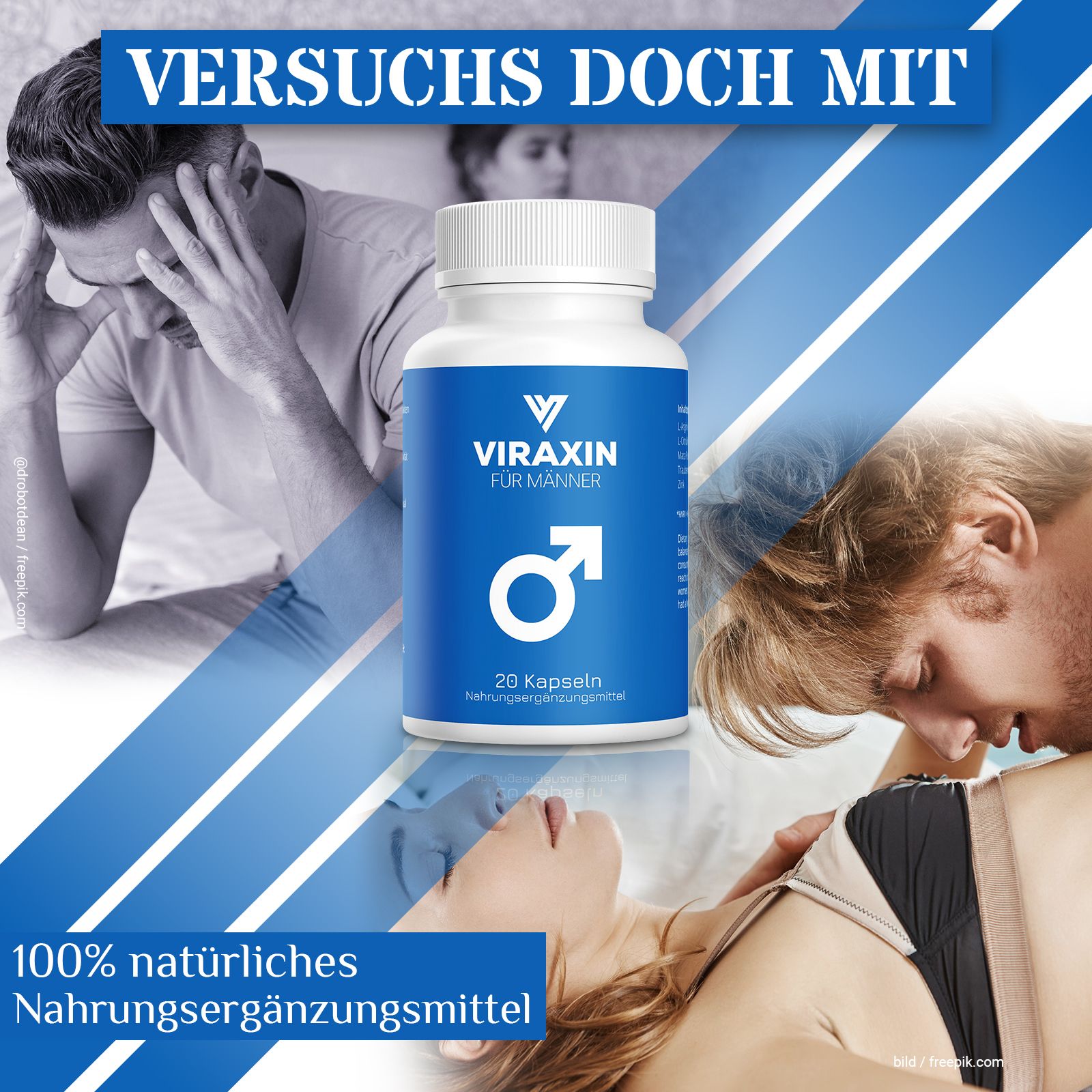 Flacone con etichetta blu, testo: Viraxin für Männer, simbolo maschile, 20 capsule. Sfondo: coppie, testo: 100% integratore alimentare naturale.