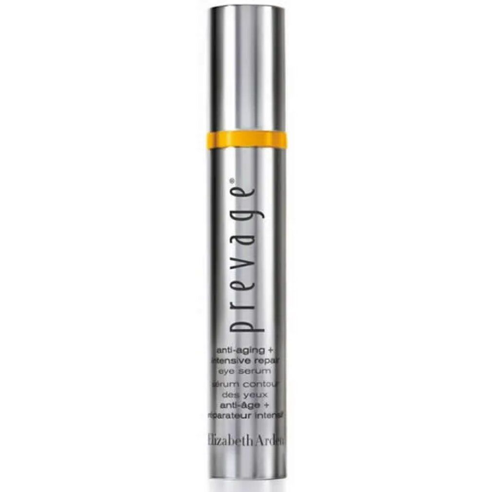 Flacone argentato con accento giallo. Testo: "prevage" e "Siero occhi anti-età".