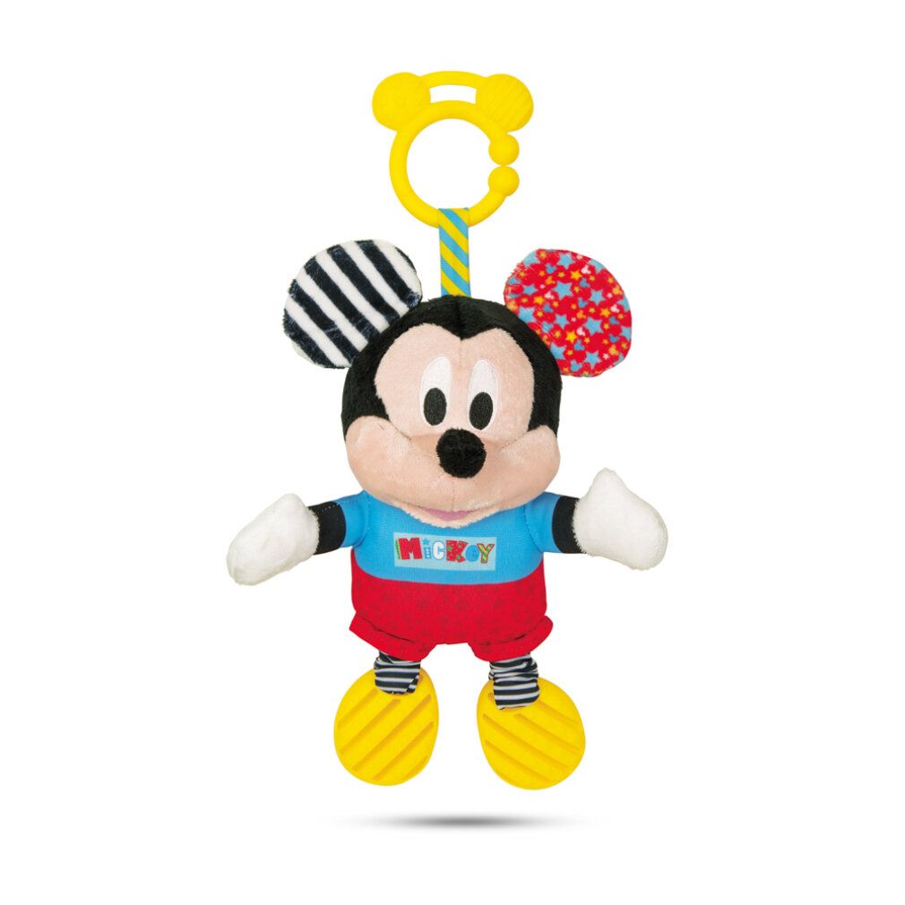 Peluche di Topolino con gancio giallo. Elementi neri, bianchi e rossi. Abbigliamento blu con scritta Mickey.