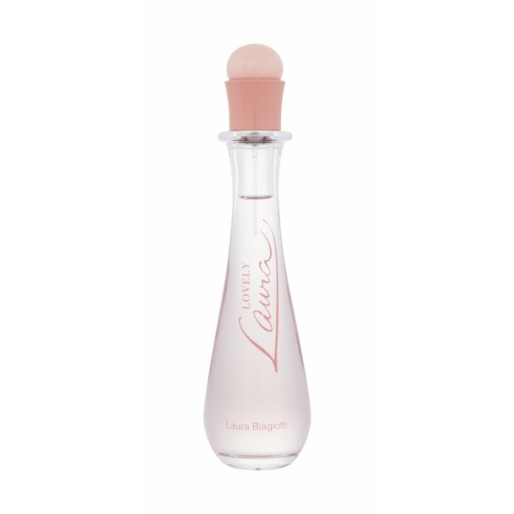 Flacone rosa con tappo rosa. Scritta "Lovely Laura" e "Laura Biagiotti".